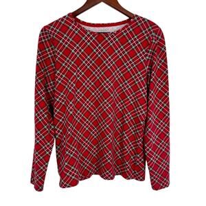 The TALBOTS Tee Sz Medium Red Plaid Soft Christmas Long Sleeve Blouse Shirt Top